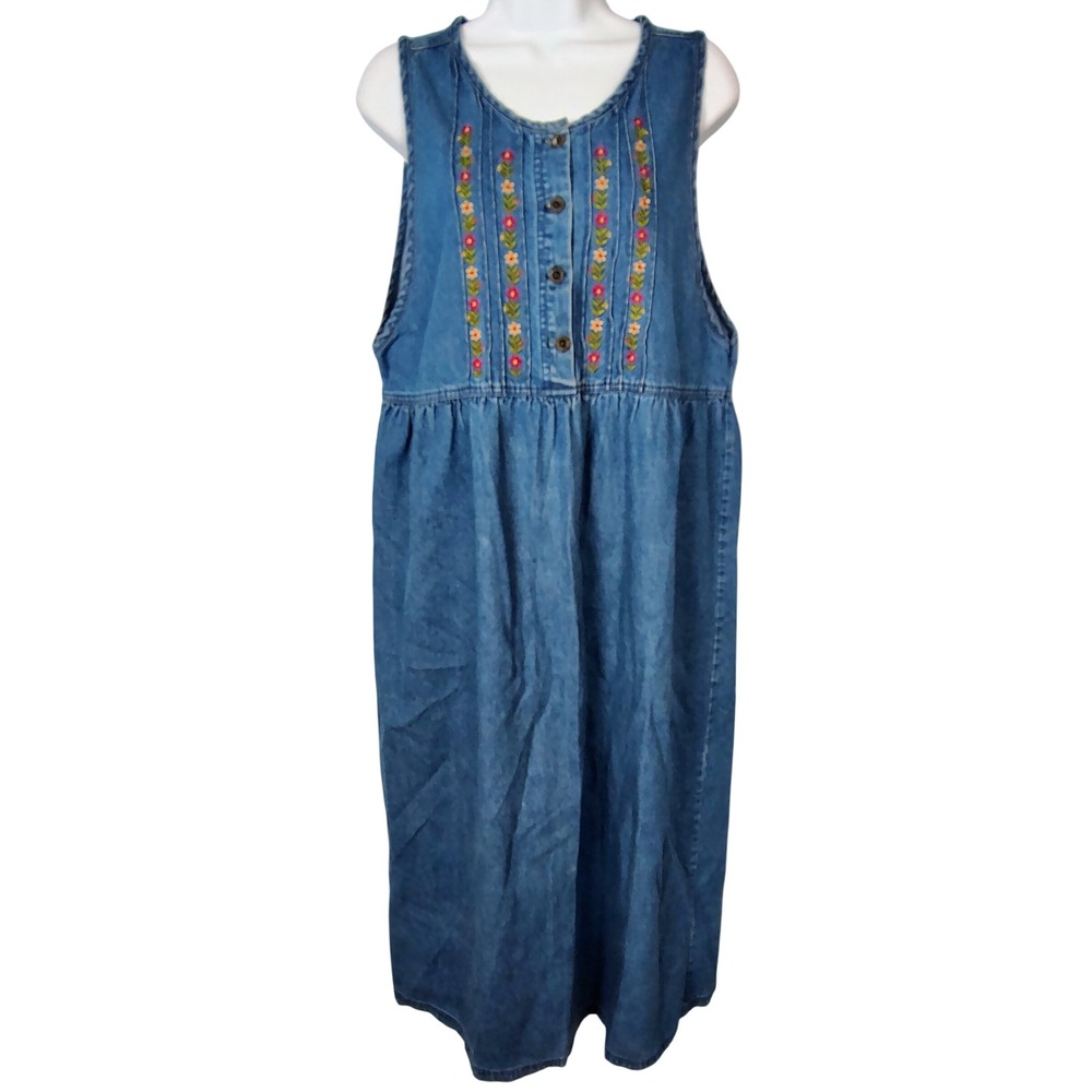 Premier International Denim Floral Embroidered Jumper Dress Blue Womens Medium